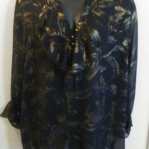 Avenue Black and Gold Print Sheer Top